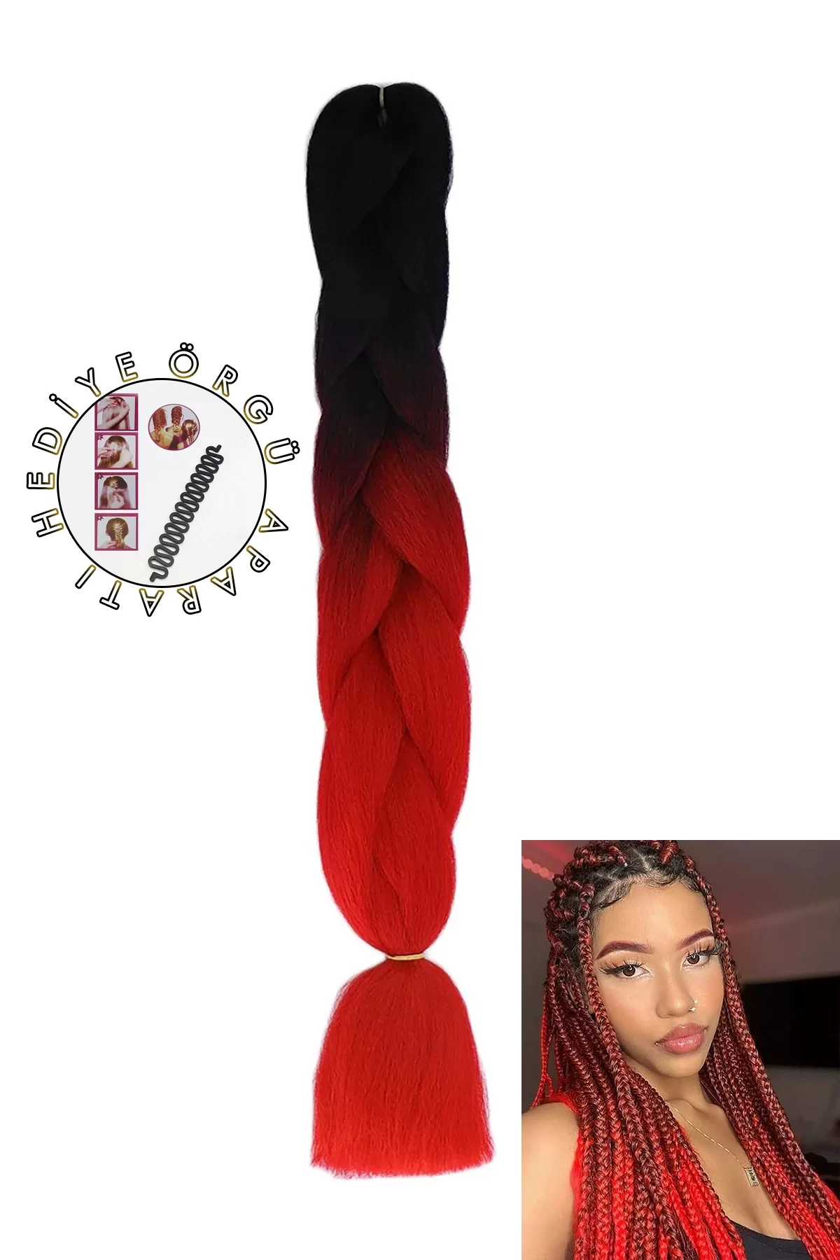 Kırmızı Siyah İki Renk Ombreli Afrika Zenci Örgüsü Box Braid Sentetik Saç 60cm 100gr