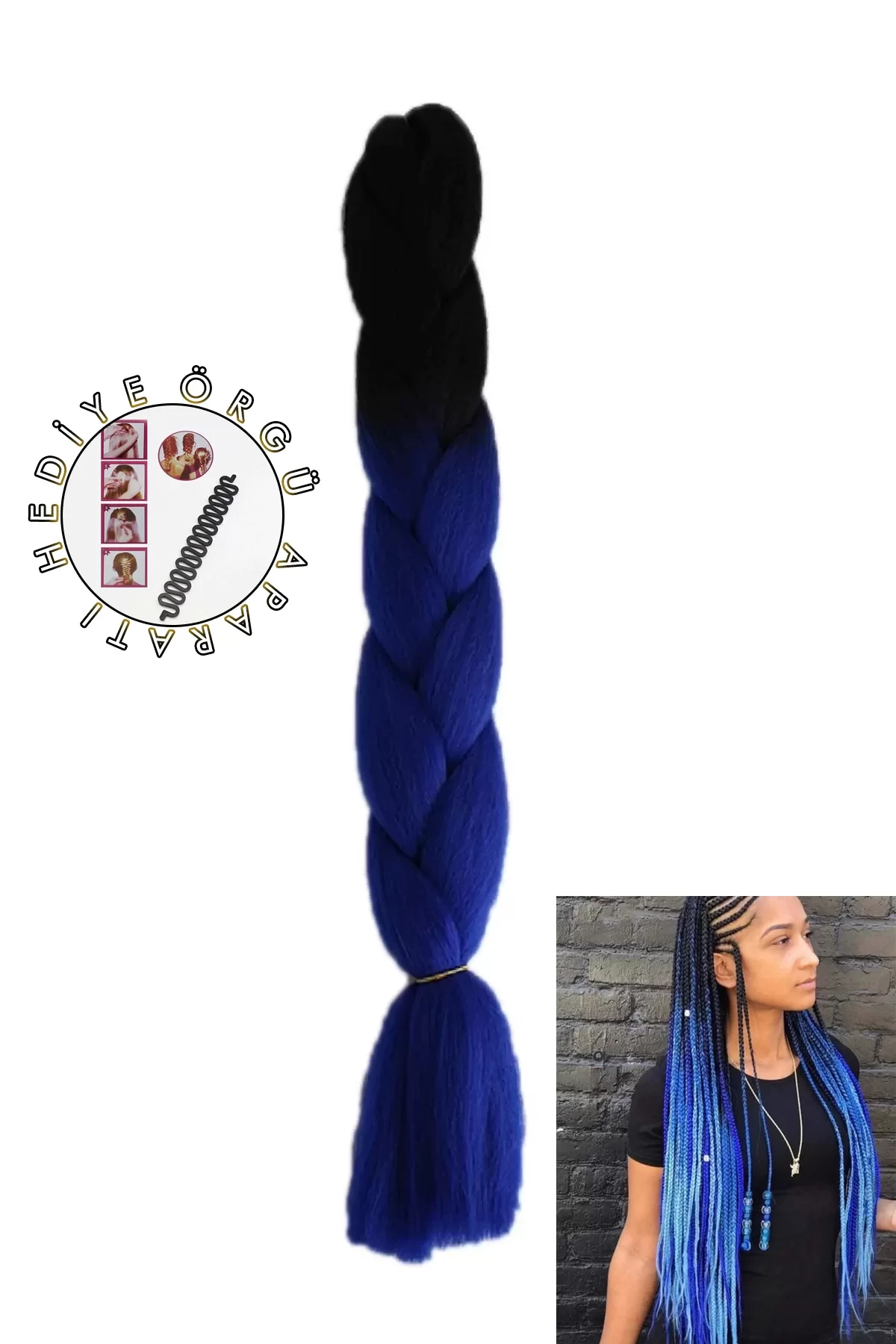 Mavi Siyah İki Renk Ombreli Afrika Zenci Örgüsü Box Braid Sentetik Saç 60cm 100gr