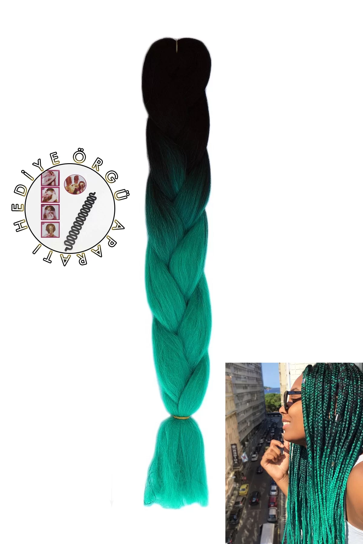 Siyah Turkuaz İki Renk Ombreli Afrika Zenci Örgüsü Box Braid Sentetik Saç 60cm 100gr