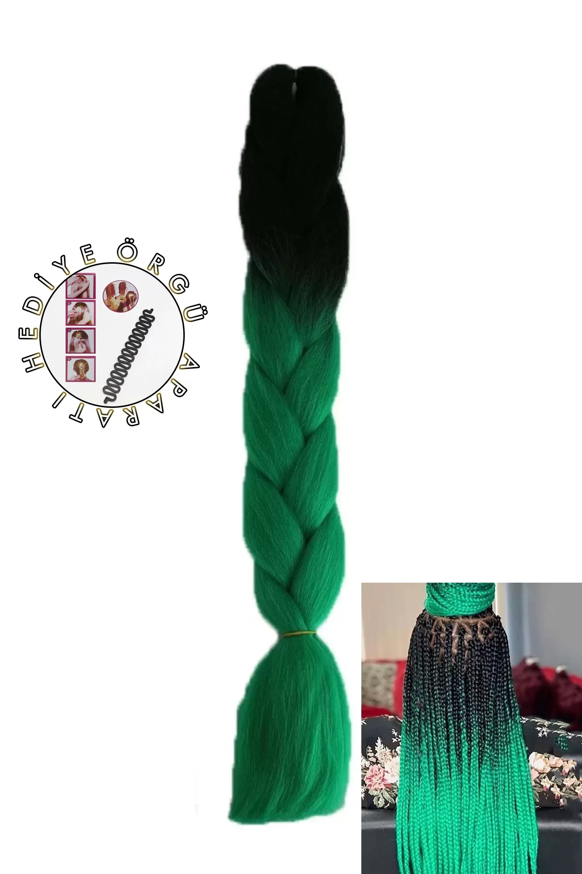 Yeşil Siyah İki Renk Ombreli Afrika Zenci Örgüsü Box Braid Sentetik Saç 60cm 100gr
