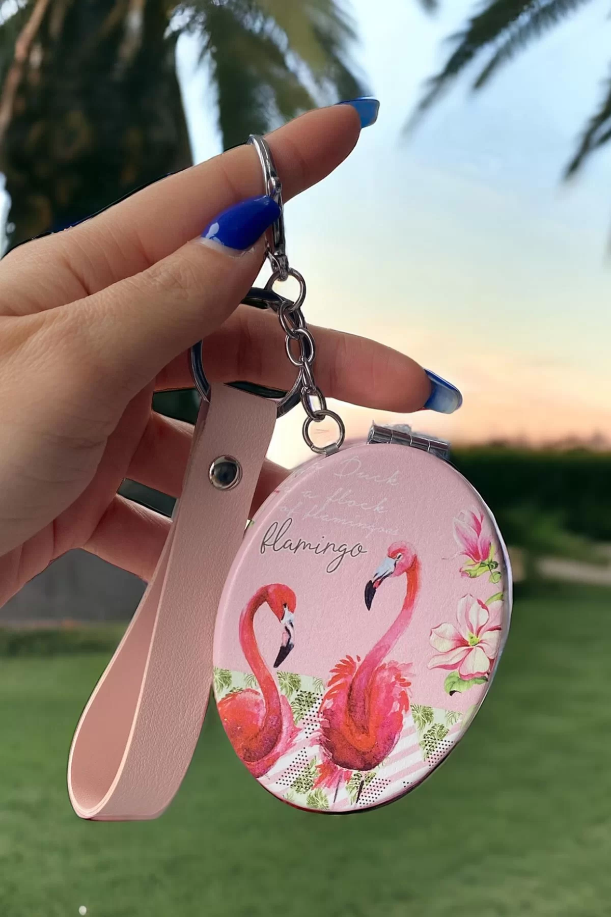 Açık Pembe Renk Flamingo Figürlü Cep Aynası/ Anahtarlık