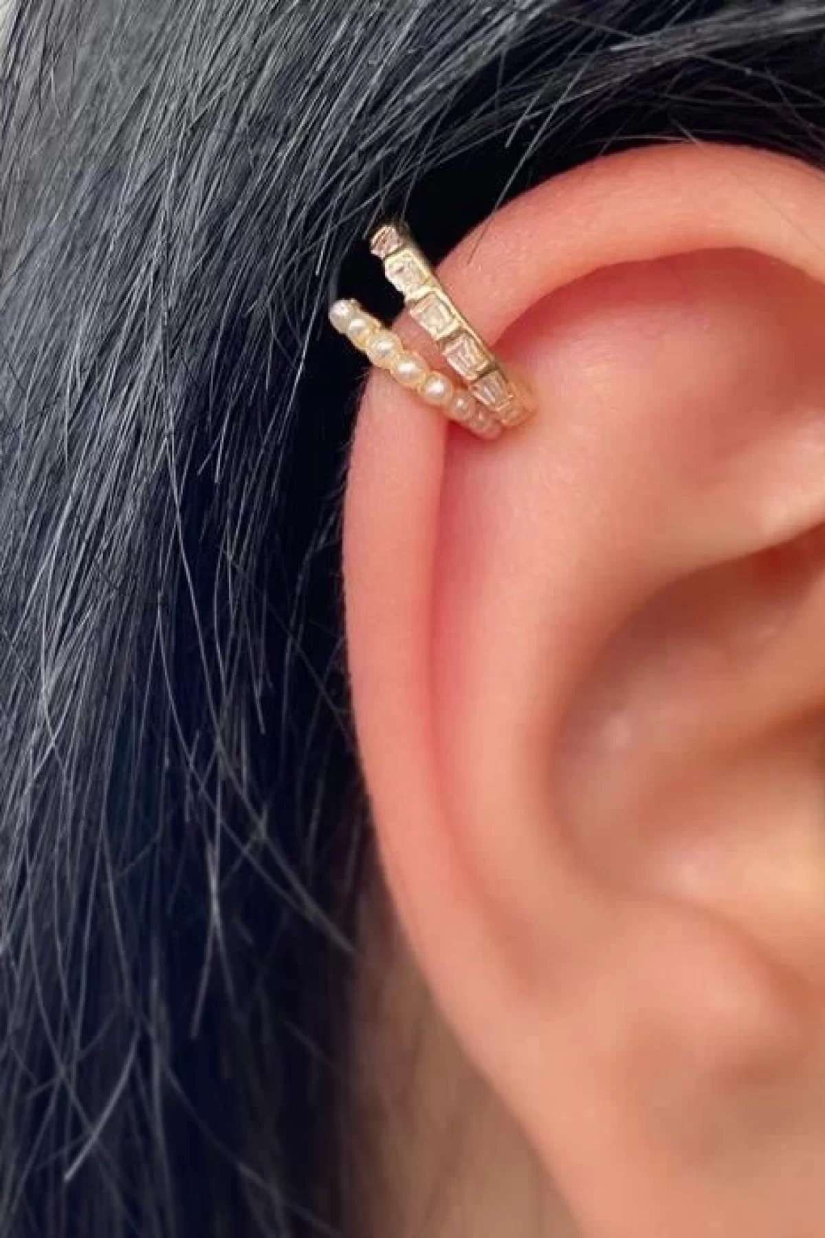 Altın Renk İnci Detaylı Çelik Ear Cuff (Tek)