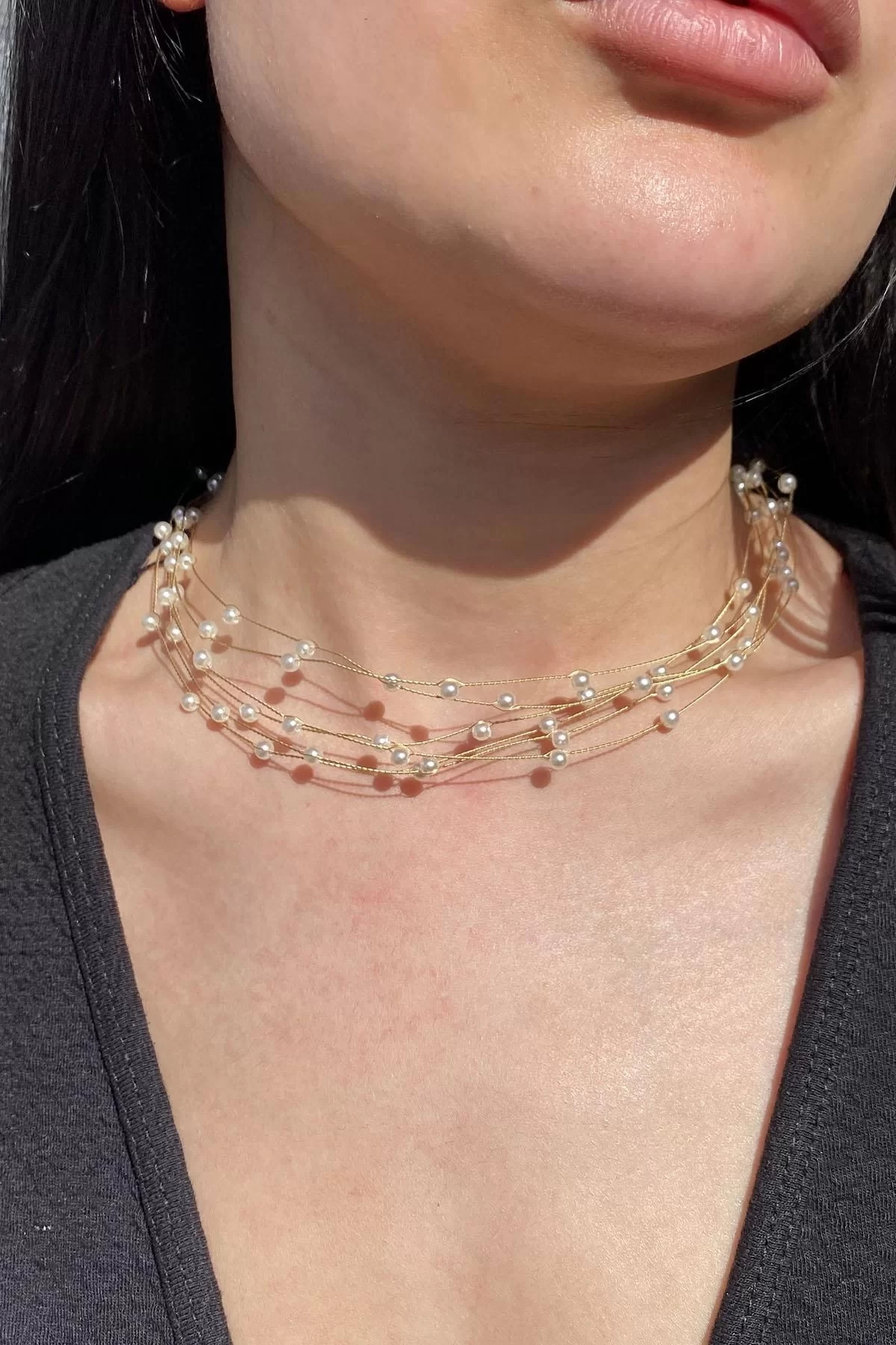 Altın Renk İnci Detaylı Choker Kolye