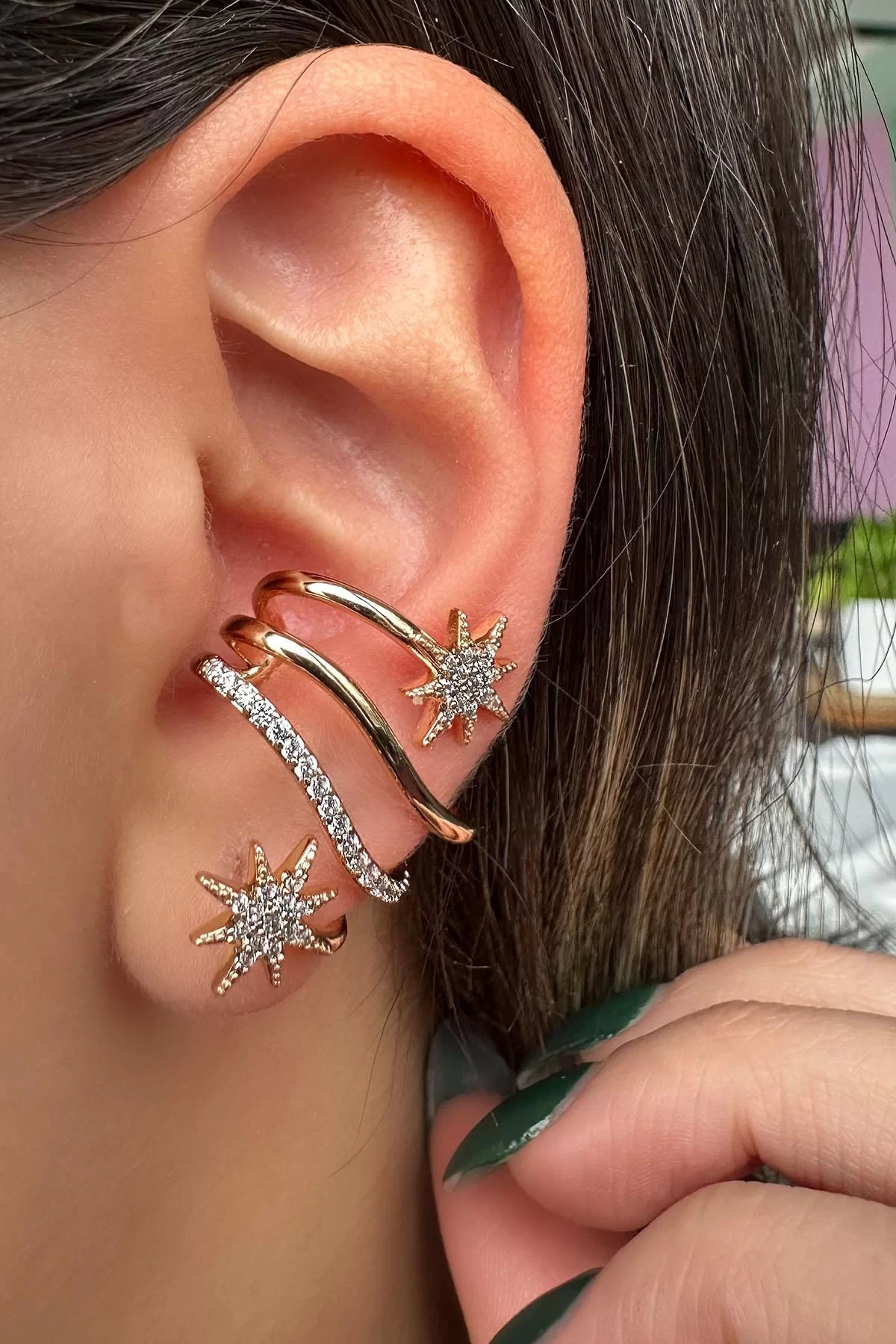 Altın Renk Taş Detaylı Çelik Xuping VİP Ear Cuff (Çift)