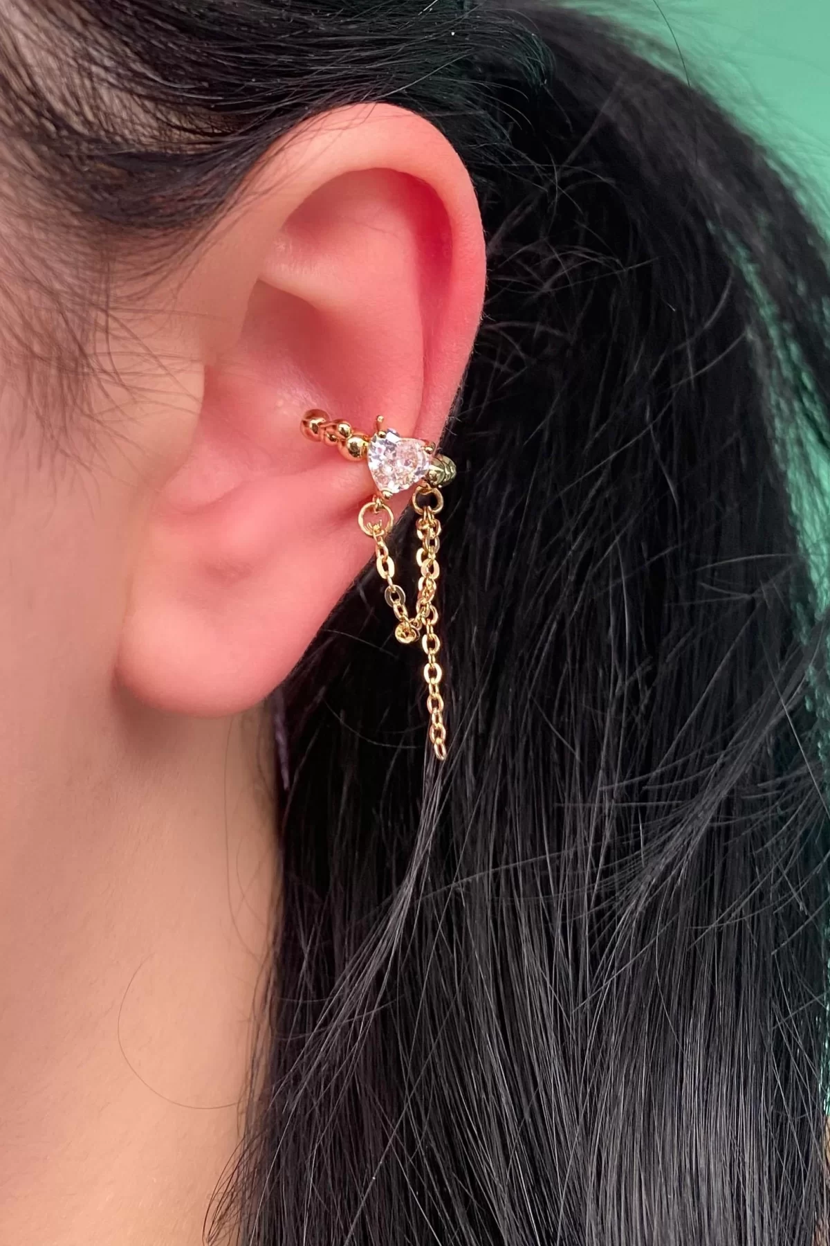 Altın Renk Taş Detaylı Kalpli Çelik Ear Cuff (Tek)