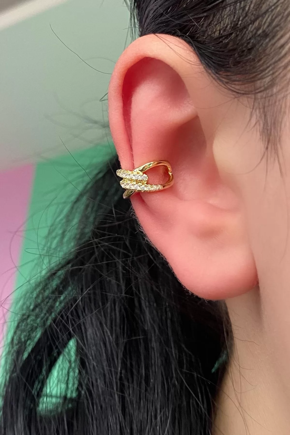 Altın Renk Taşlı Çelik Ear Cuff Küpe (Tek)