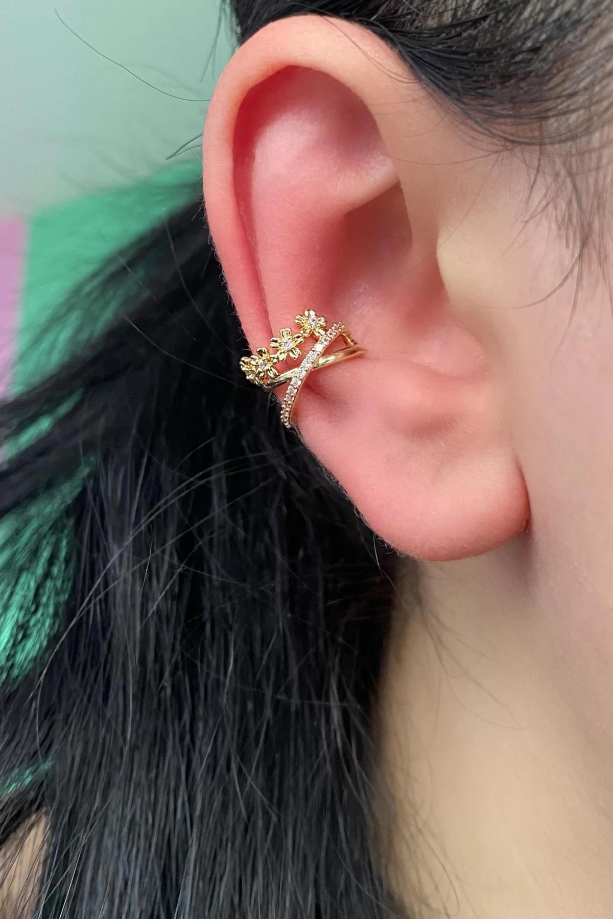 Altın Renk Taşlı Çelik Ear Cuff (Tek)