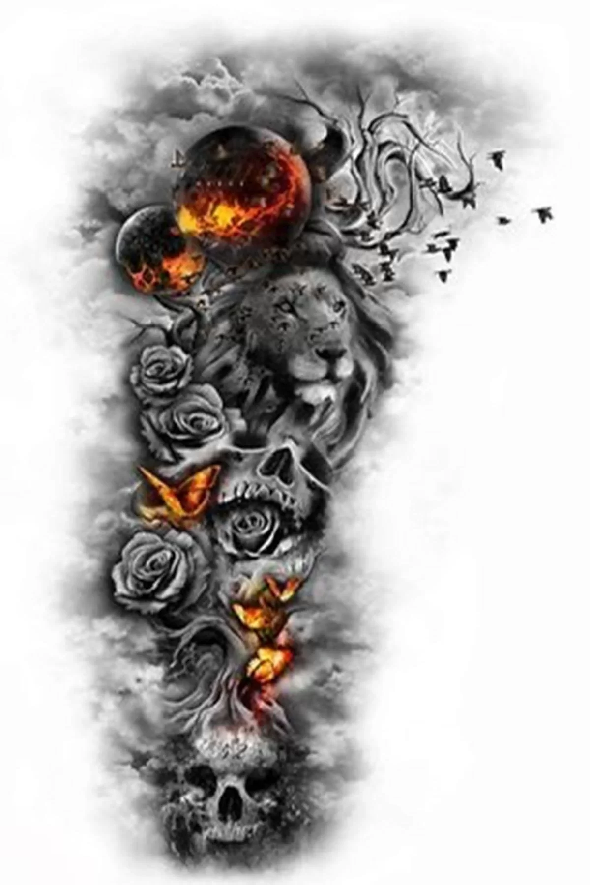 Geçici Aslan Ve Kuru Kafa Figürlü Dövme Tattoo