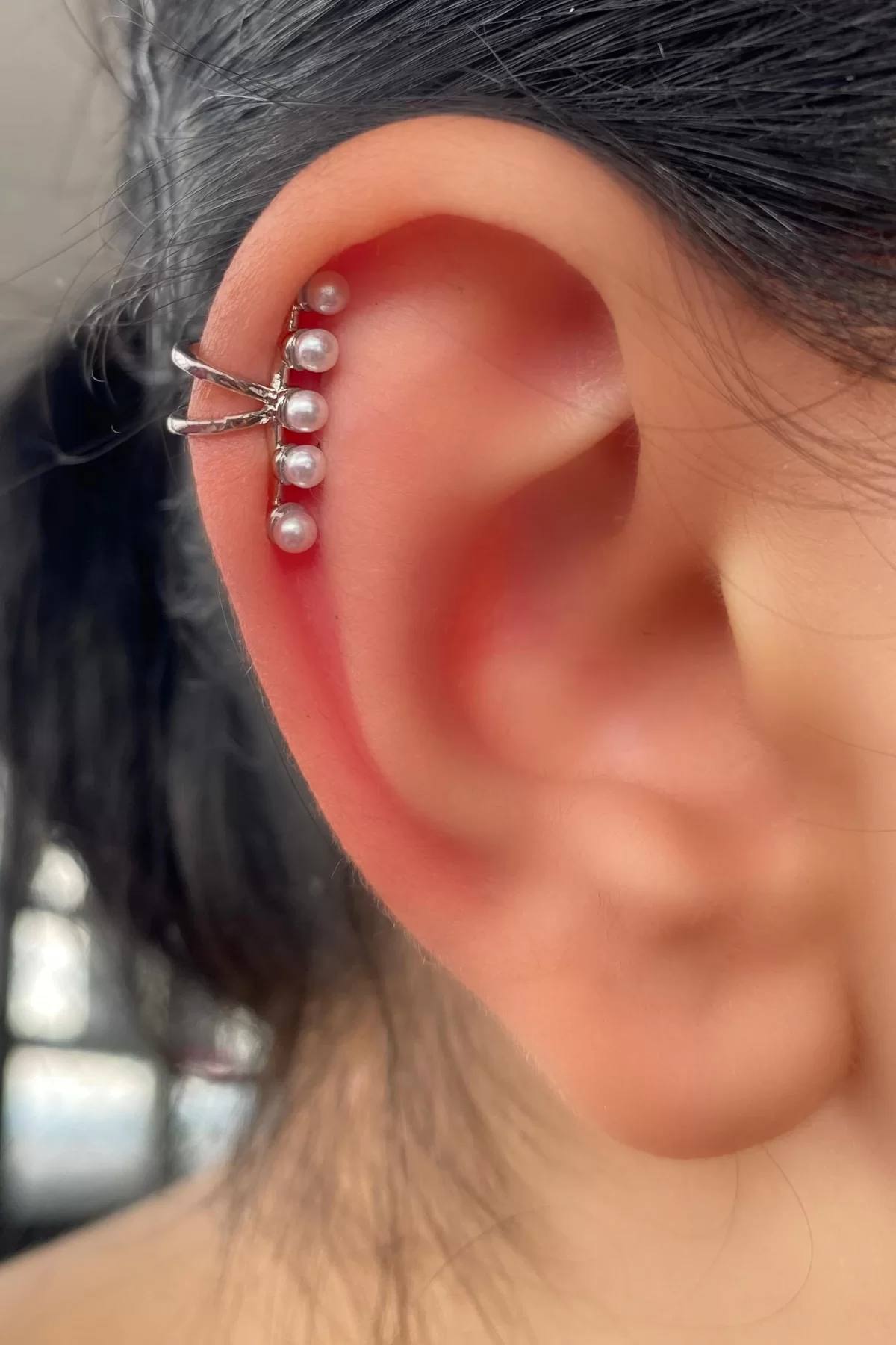 Gümüş Renk İnci Detaylı Ear Cuff Küpe (Tek)