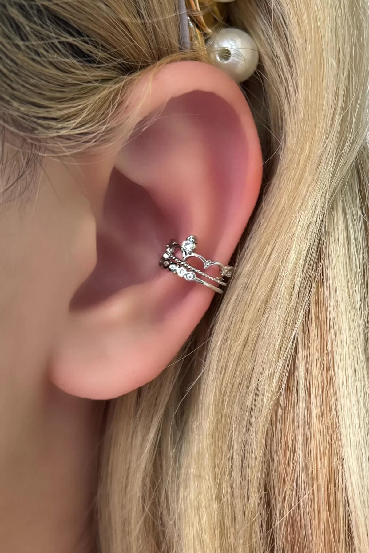 Gümüş Renk Taç Figürlü Çelik Ear Cuff (tek)