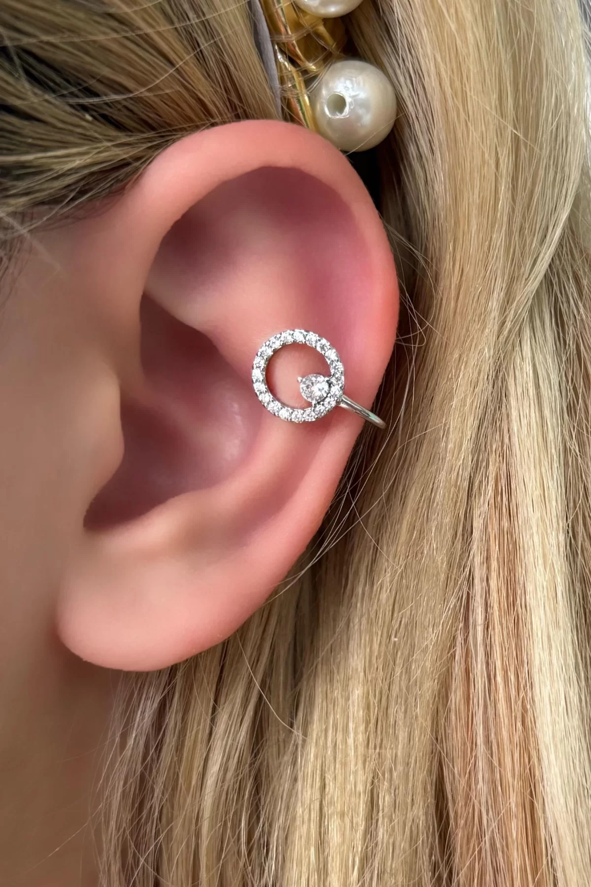 Gümüş Renk Taş Detaylı Çelik Ear Cuff (tek)