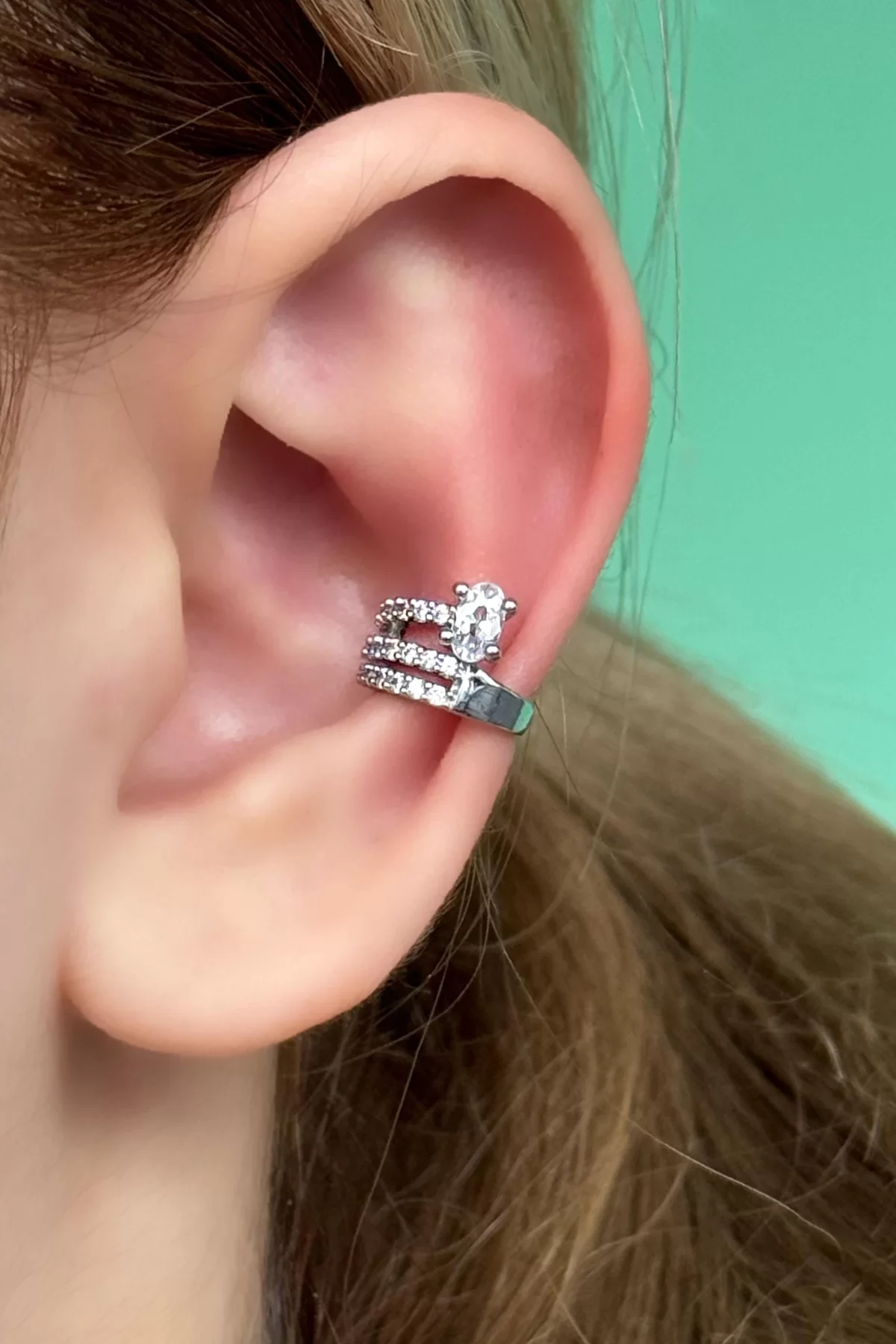 Gümüş Renk Taş Detaylı Ear Cuff (Tek)