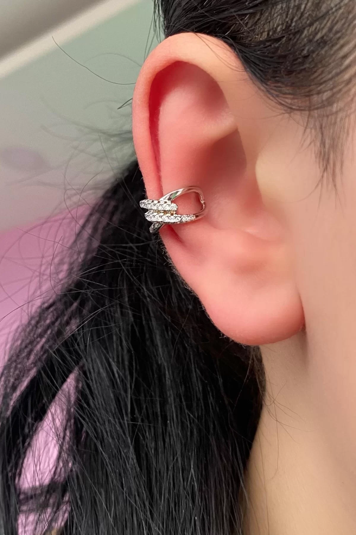 Gümüş Renk Taşlı Çelik Ear Cuff Küpe (Tek)