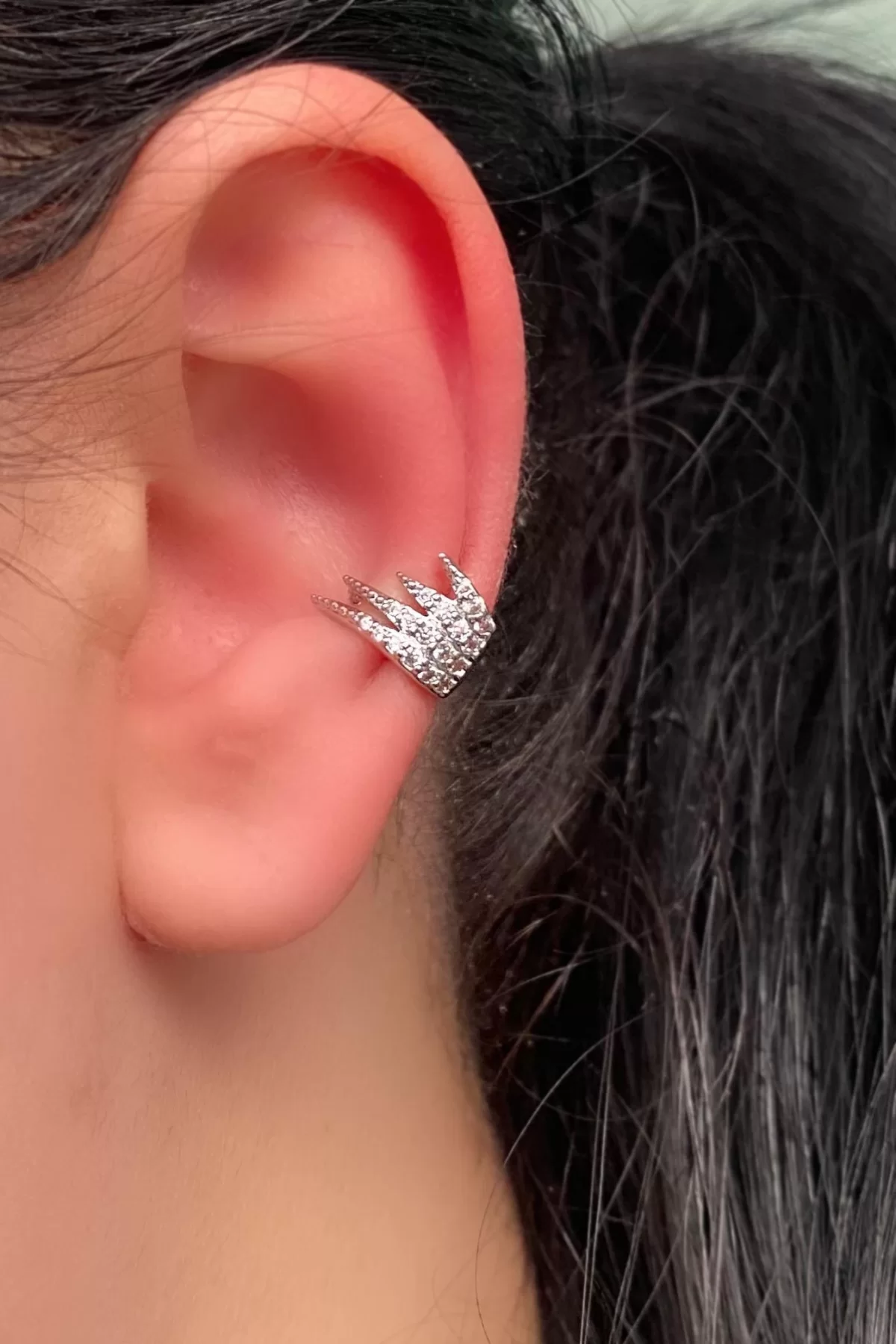 Gümüş Renk Taşlı Çelik Ear Cuff Küpe (Tek)