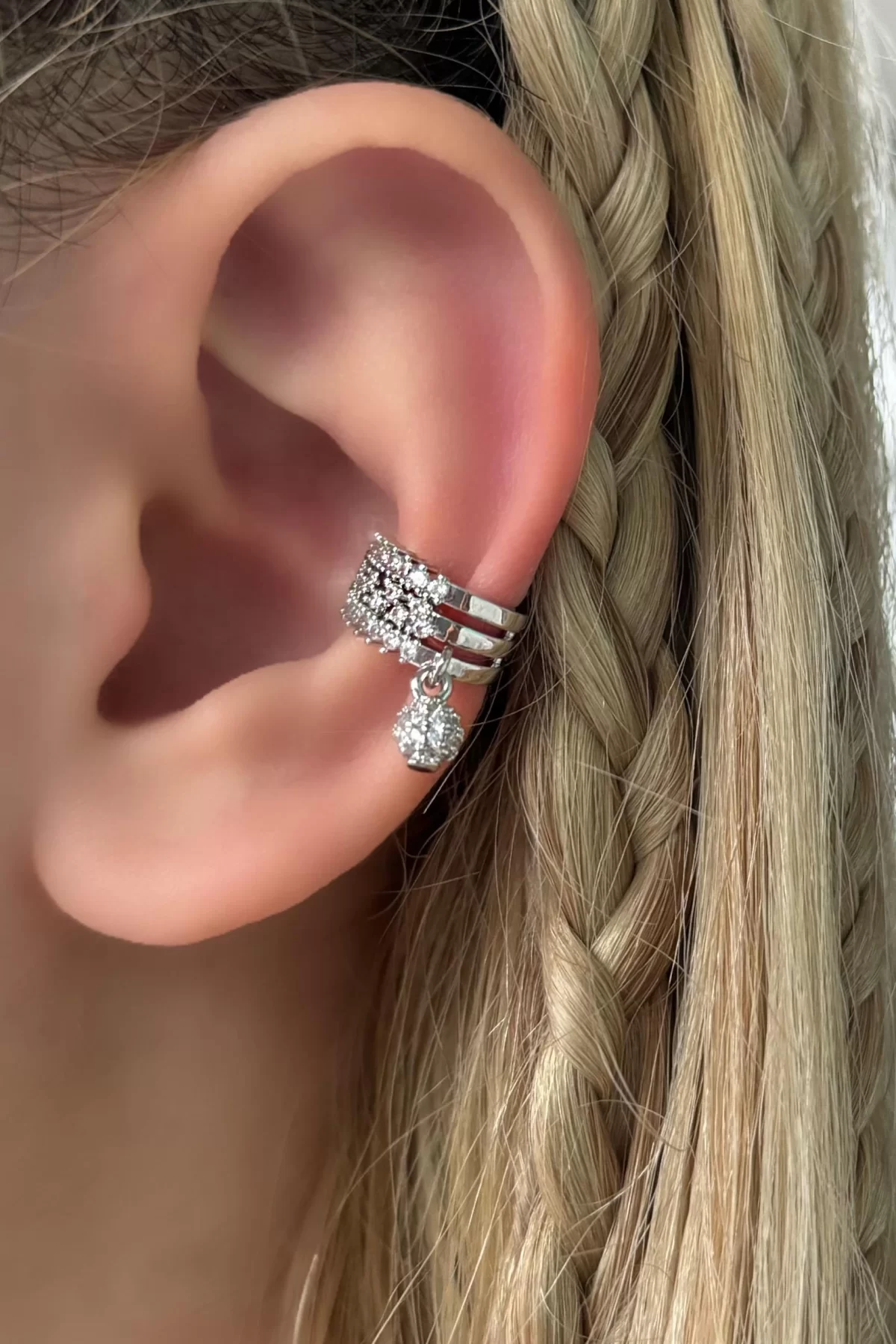 Gümüş Renk Taşlı Çelik Ear Cuff Küpe (tek)