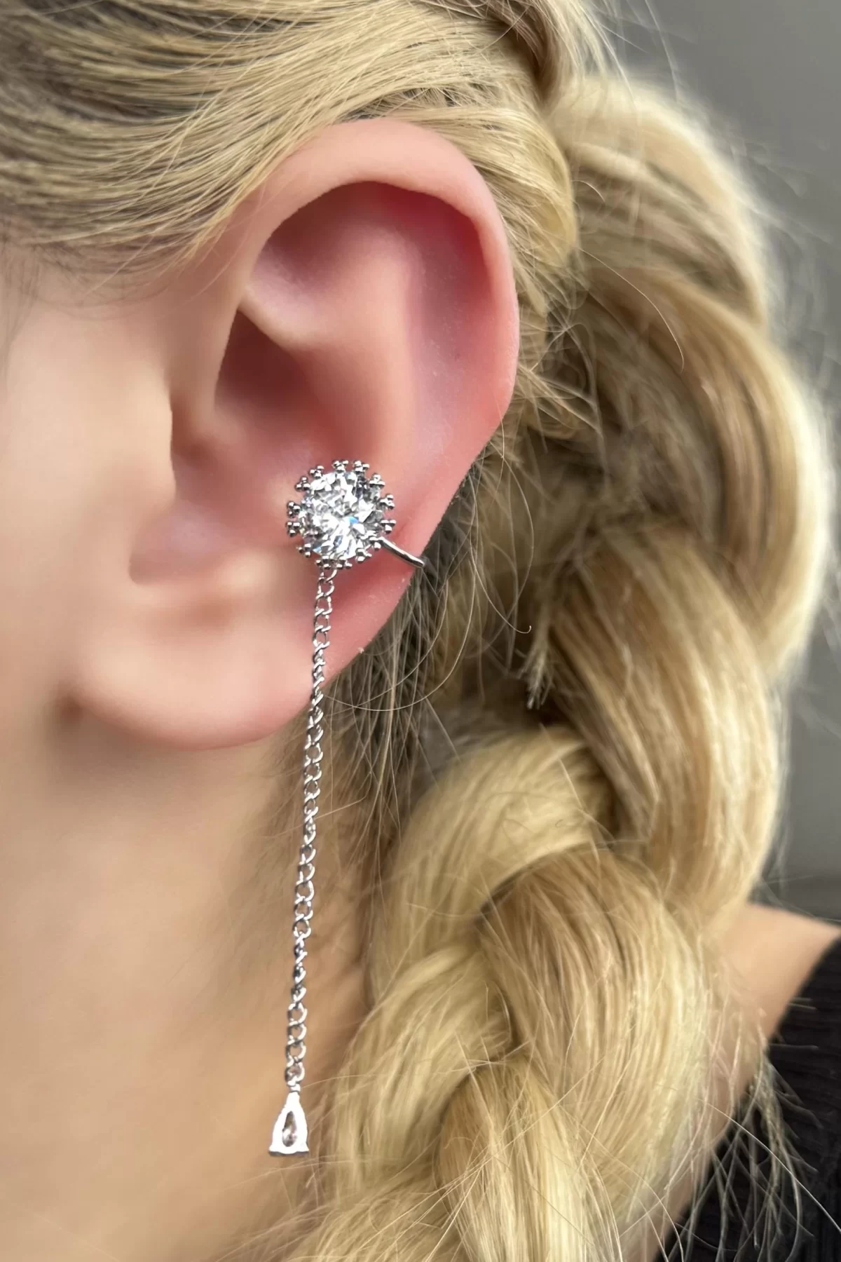 Gümüş Renk Taşlı Çelik Ear Cuff (tek)