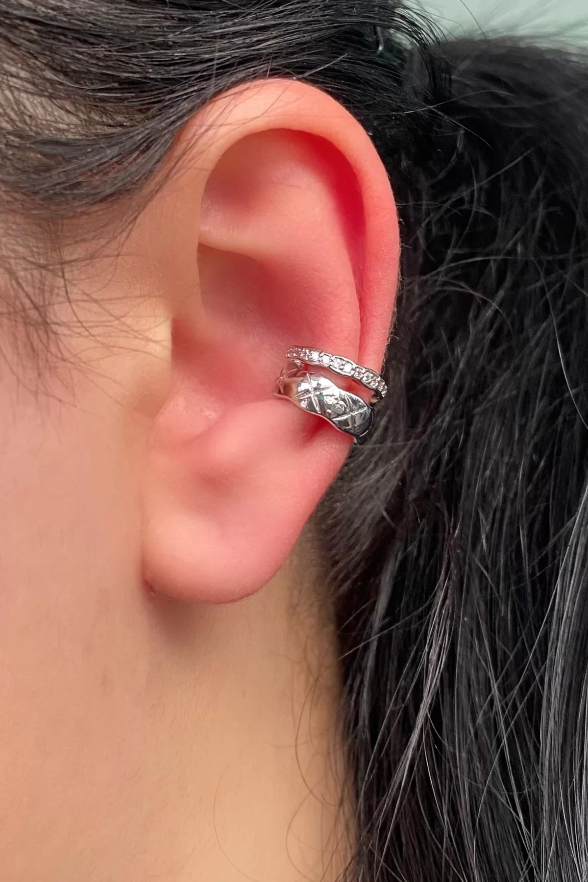 Gümüş Renk Taşlı Çelik Ear Cuff (Tek)