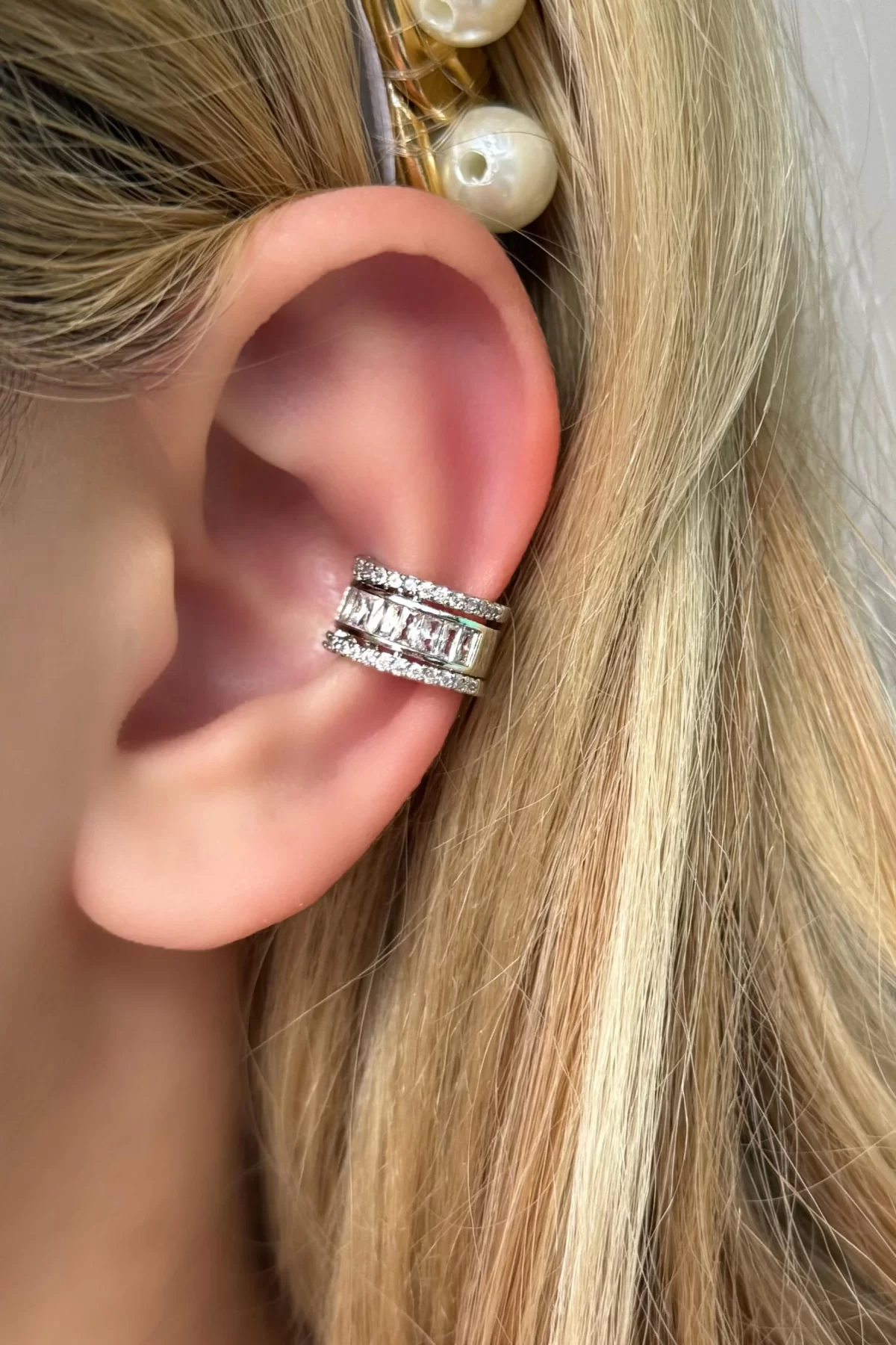 Gümüş Renk Taşlı Çelik Ear Cuff (tek)