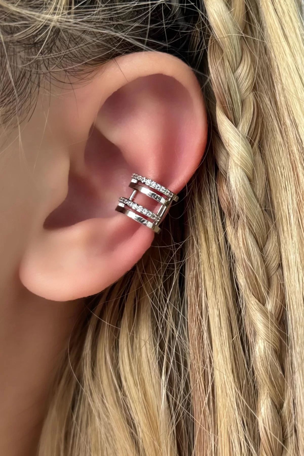 Gümüş Renk Taşlı Çelik Ear Cuff (tek)