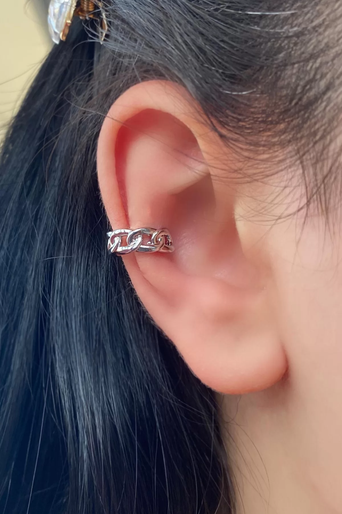 Gümüş Renk Zincir Detaylı Çelik Ear Cuff (Tek)