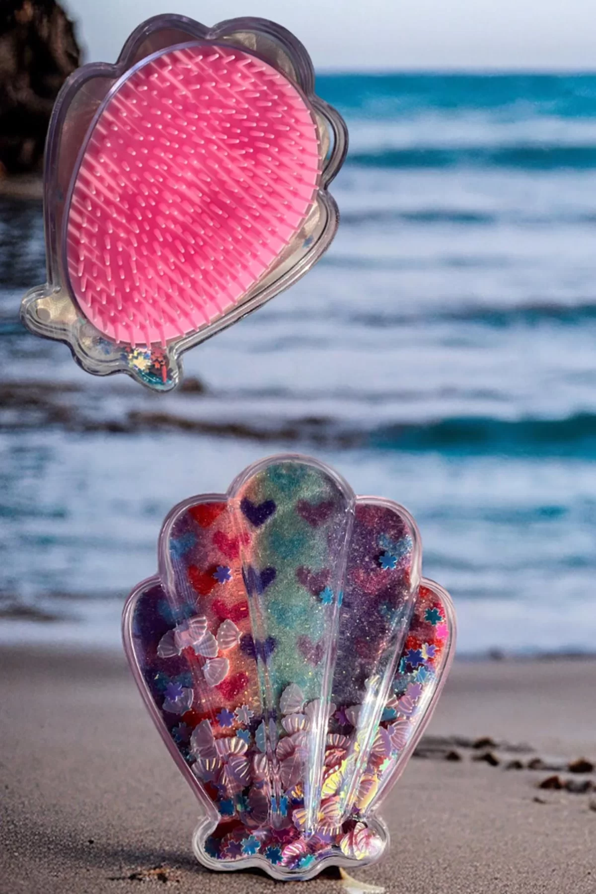Karışık Renk Deniz Kabuğu Detaylı Kalp Figürlü Simli Taşınabilir Saç Tarama Fırçası/ Tarak