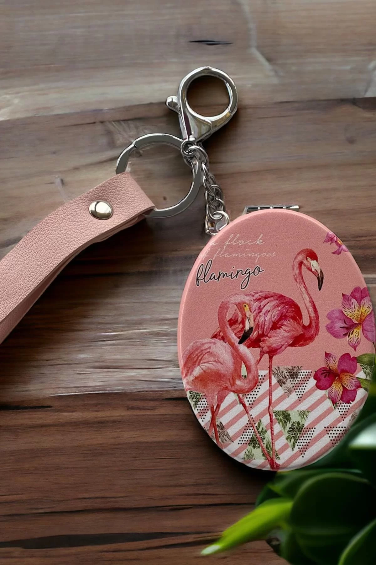 Pembe Renk Flamingo Figürlü Cep Aynası/ Anahtarlık