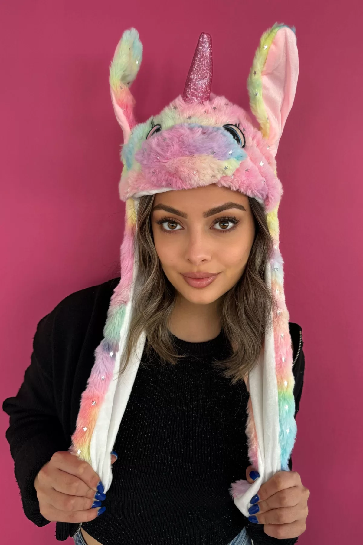 Pembe Renk Unicorn Figürlü Işıklı Kulakları Oynayan Peluş Şapka