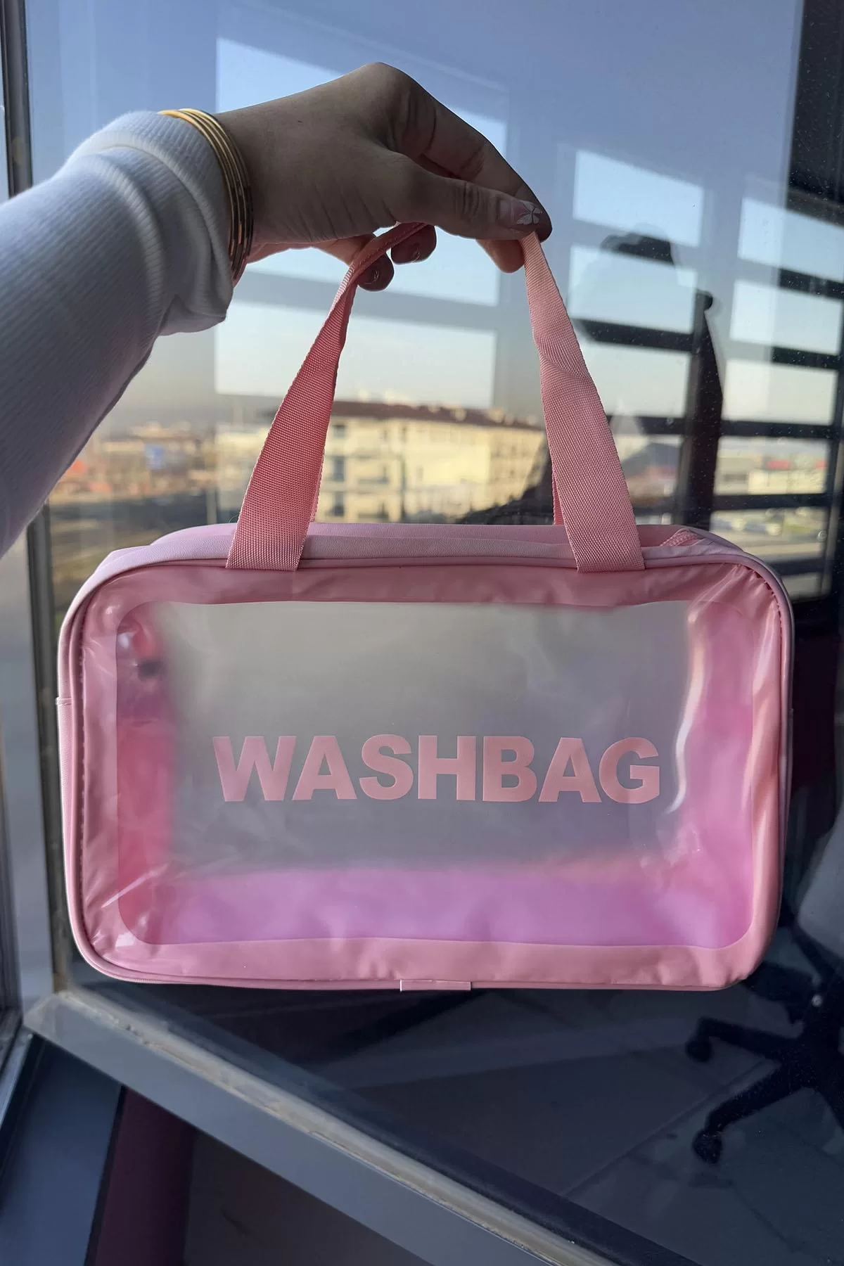 Pembe Renk Wash Bag Su Geçirmez Şeffaf Kozmetik Çantası