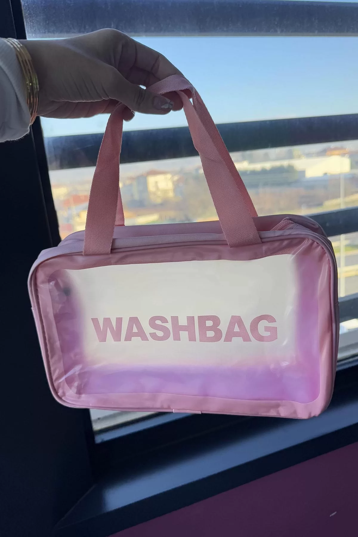 Pembe Renk Wash Bag Su Geçirmez Şeffaf Kozmetik Çantası