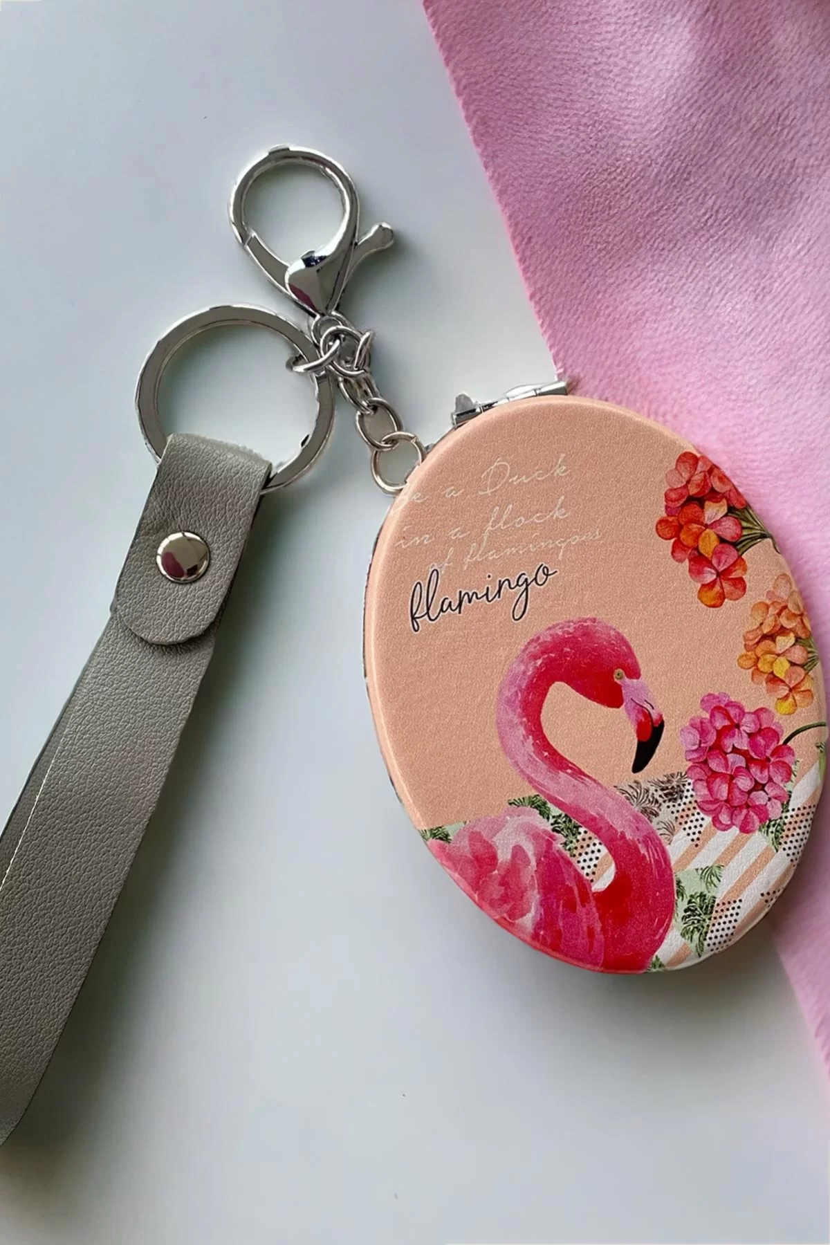 Somon Renk Flamingo Figürlü Cep Aynası/ Anahtarlık