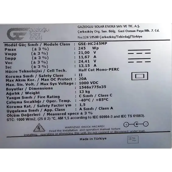 245 W Monokristal Half-Cut Güneş Paneli ( Gazioğlu Solar )