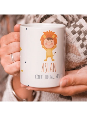 Aslan Burcu Özel Sevimli Beyaz Kupa Bardak