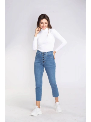 Düğme Detaylı Kesik Paça Slim Fit Jean-MAVİ