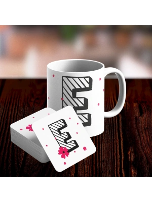 E Harfi Tasarımlı Kupa ve Bardak Altlığı Seti