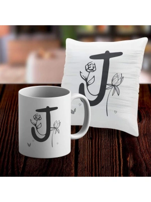 J Harfi Tasarımlı Kupa ve Yastık Kılıfı Hediye Seti