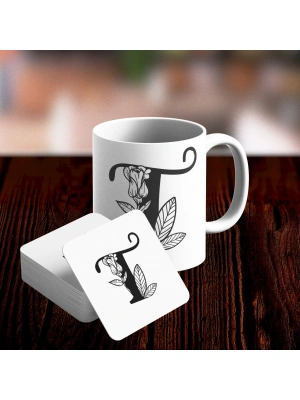 T Harfi Tasarımlı Kupa ve Bardak Altlığı Seti