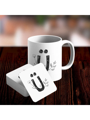 Ü Harfi Tasarımlı Kupa ve Bardak Altlığı Seti