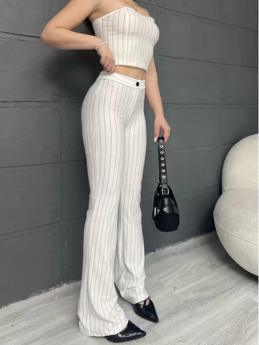 ÇİZGİLİ ZARA CROP VE PANTOLONLU İKİLİ TAKIM - BEYAZ