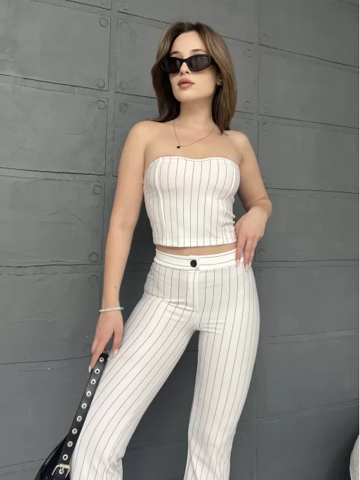 ÇİZGİLİ ZARA CROP VE PANTOLONLU İKİLİ TAKIM - BEYAZ