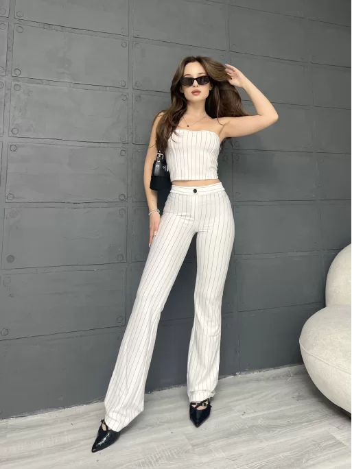 ÇİZGİLİ ZARA CROP VE PANTOLONLU İKİLİ TAKIM - BEYAZ