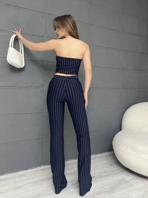 ÇİZGİLİ ZARA CROP VE PANTOLONLU İKİLİ TAKIM - LACİVERT