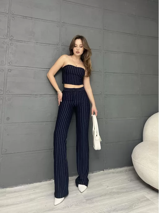 ÇİZGİLİ ZARA CROP VE PANTOLONLU İKİLİ TAKIM - LACİVERT