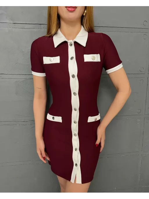 DÜĞMELİ BAMBER MİNİ ELBİSE - BORDO