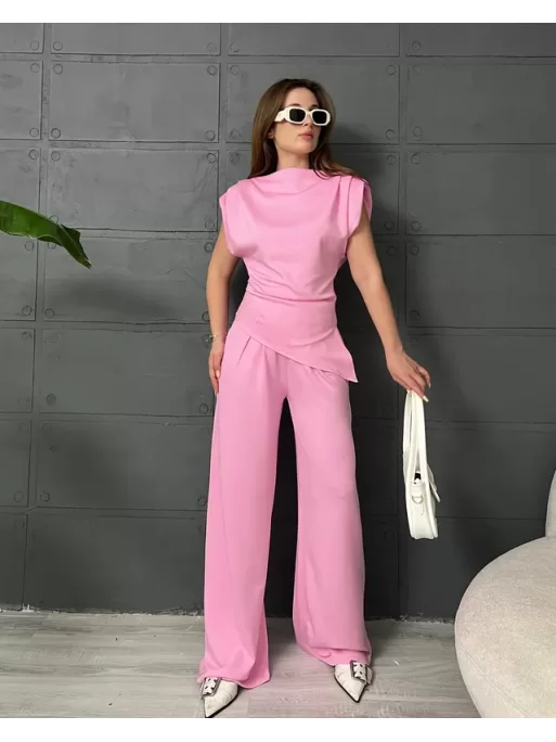 PREMİUM OMUZ VATKALI BLUZ VE PANTOLONLU İKİLİ TAKIM - PEMBE