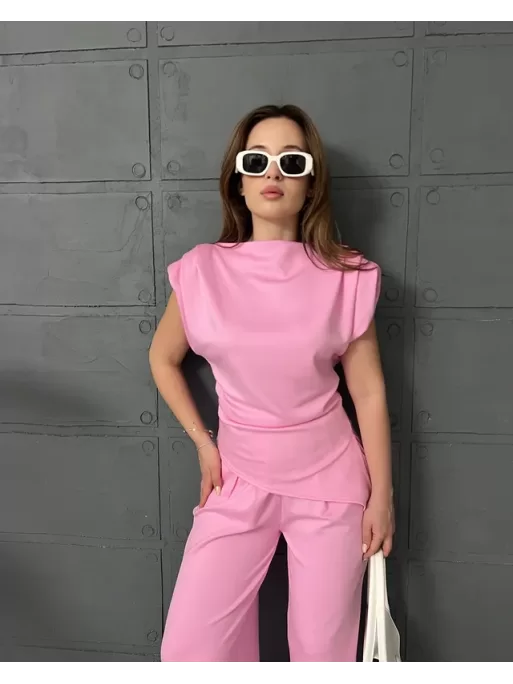 PREMİUM OMUZ VATKALI BLUZ VE PANTOLONLU İKİLİ TAKIM - PEMBE