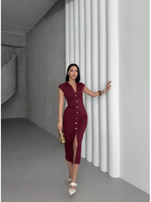 SERENA BÜZGÜLÜ DÜĞME DETAY ELBİSE - BORDO