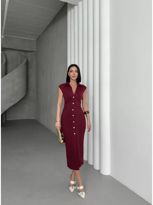 SERENA BÜZGÜLÜ DÜĞME DETAY ELBİSE - BORDO