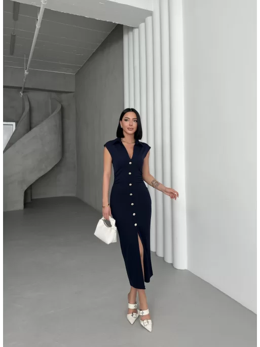 SERENA BÜZGÜLÜ DÜĞME DETAY ELBİSE - LACİVERT