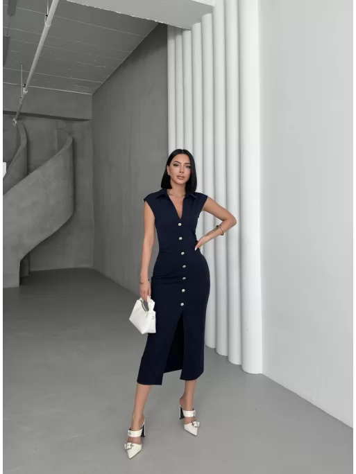 SERENA BÜZGÜLÜ DÜĞME DETAY ELBİSE - LACİVERT