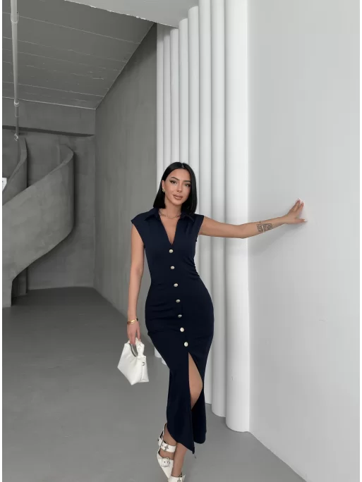 SERENA BÜZGÜLÜ DÜĞME DETAY ELBİSE - LACİVERT